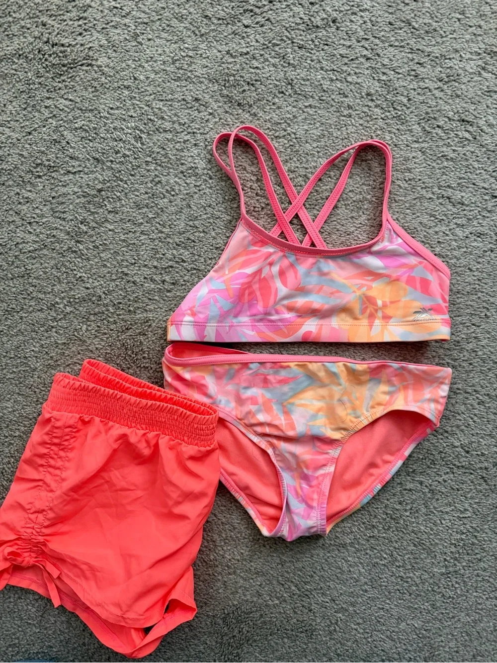 Girls Coral Pink Tropical Print Swim Set with Shorts